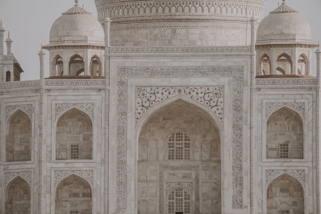 Close-up of intricate marble carvings at the Taj Mahal.
