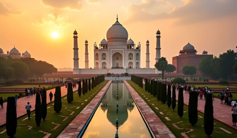 Taj Mahal at sunrise with warm golden light reflecting in the long water pool, visitors walking through the symmetrical Mughal gardens.
