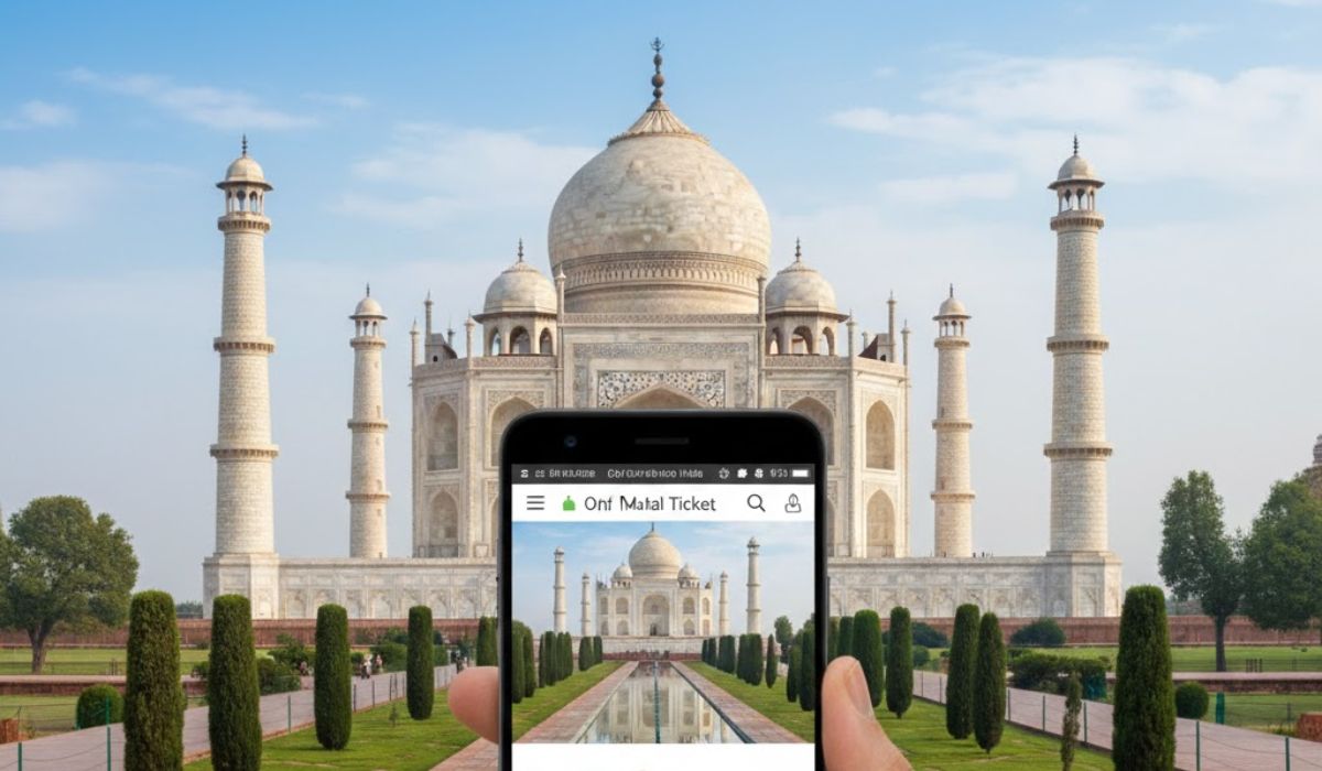 Taj Mahal ticket booking online shown on mobile phone in Agra